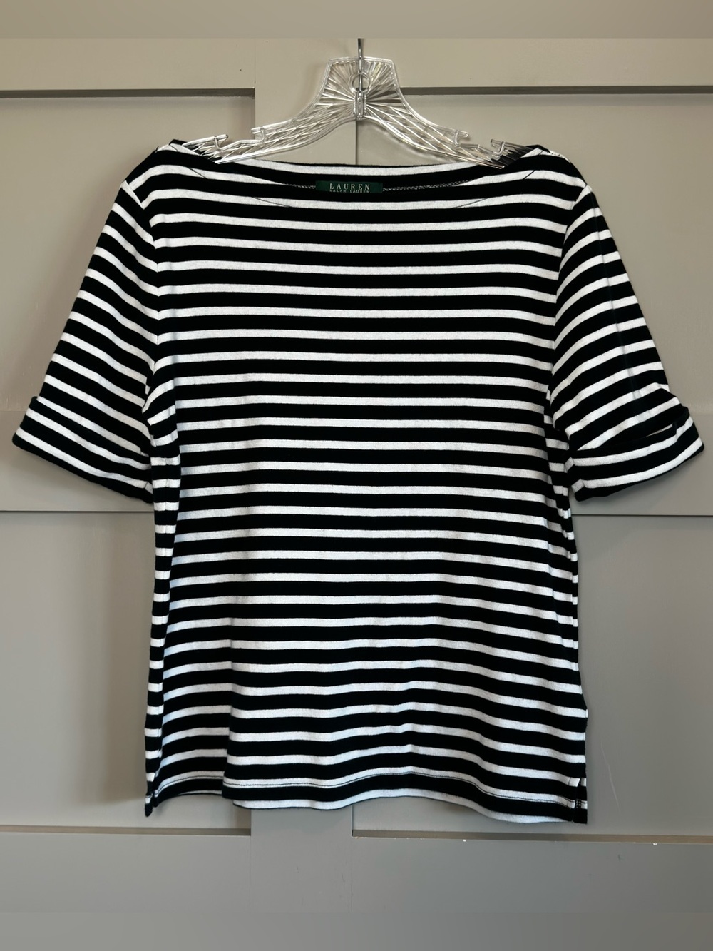 Lauren Ralph Lauren Striped Cuff Sleeve Cotton Top Women’s Petite L Boat Neck